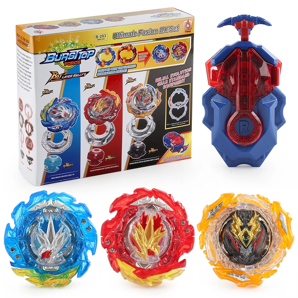 

New B-203 Ultimate Fusion DX Set with Launcher Super Hyperion, King Helios, Divine Belial Gyro Spinning Top