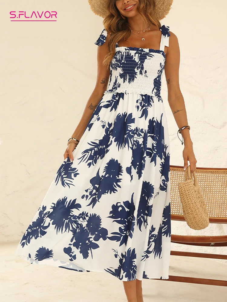 

Женское пляжное платье макси S.FLAVOR, летнее богемное длинное платье с принтом и большим подолом, пикантный сарафан без рукавов