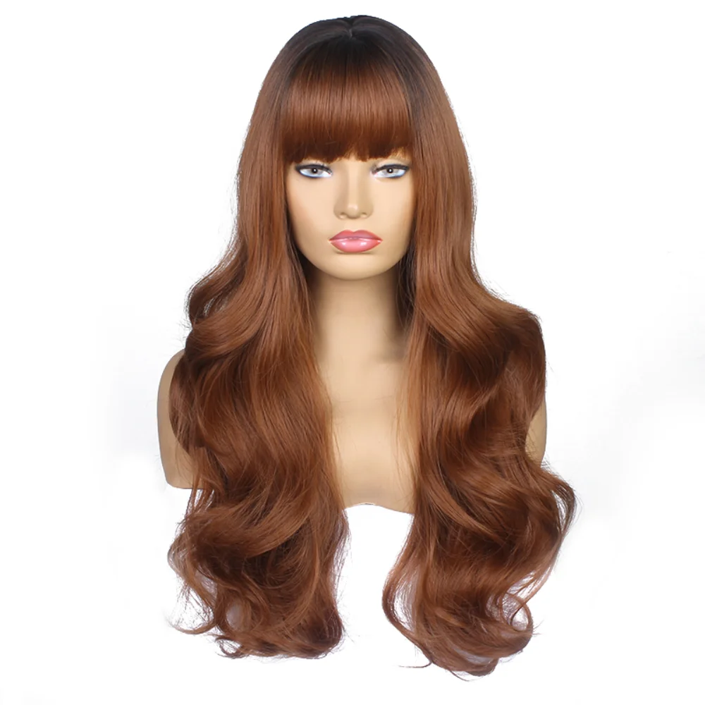 

Gres Light Brown Wavy Long Wigs with Bang Ombre Color Synthetic Hair Wig for Women High Temperature Fiber Daily Use