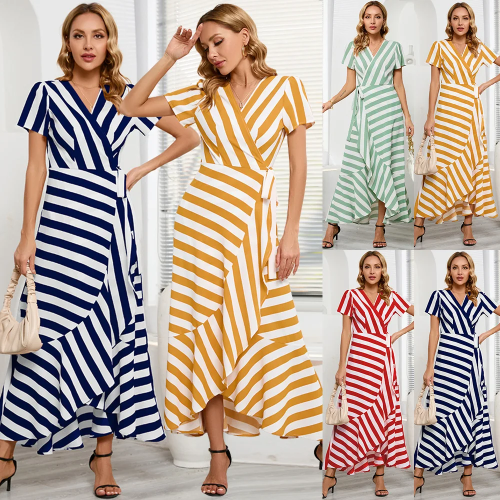 Temperament Stripe Cheap Summer Woman Dress Short Sleeves Lace Up V Neck Swing Long Dress Elegant Irregular Ladies Maxi Dresses
Temperament Stripe Cheap Summer Woman Dress Short Sleeves Lace Up V Neck Swing Long Dress Elegant Irregular Ladies Maxi Dresses