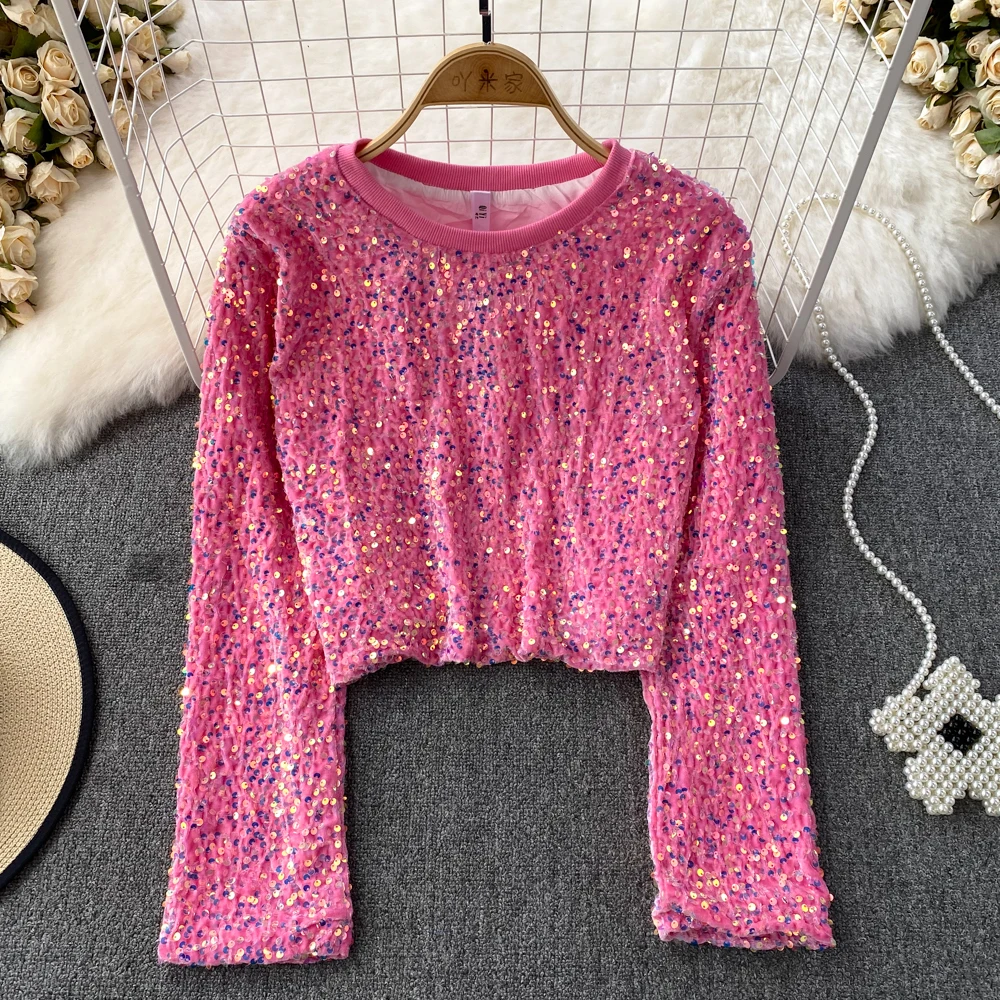 2023 Spring Autumn Korean Style O-Neck Sequins T-Shirts Loose Long Sleeve Pullover Casual Women Short Tops Chic Female Clothes
2023 Spring Autumn Korean Style O-Neck Sequins T-Shirts Loose Long Sleeve Pullover Casual Women Short Tops Chic Female Clothes