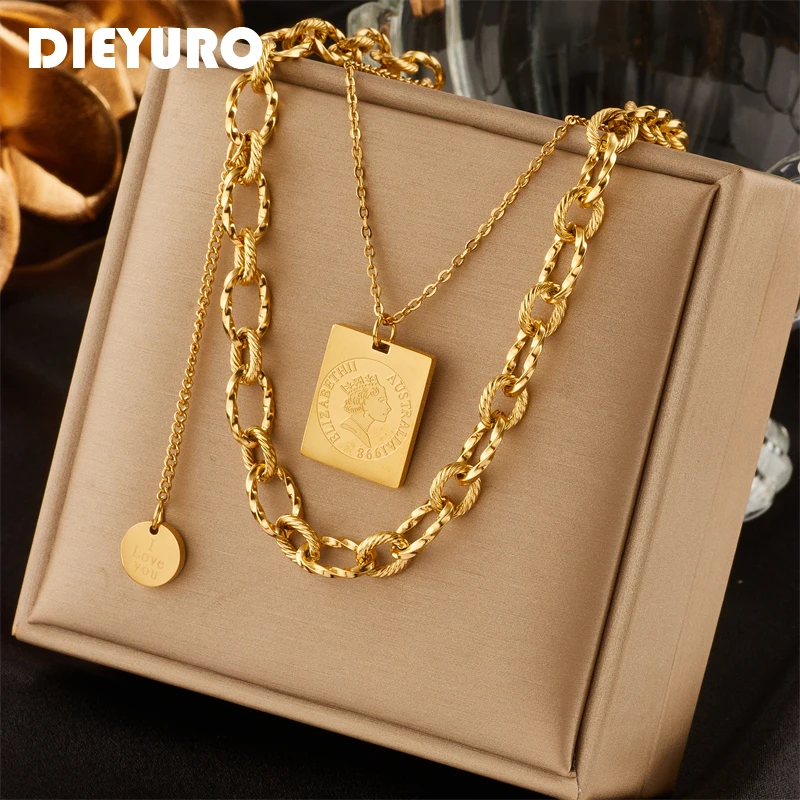 DIEYURO 316L Stainless Steel Gold Color 2-Layer Square Coin Portrait Necklace For Women Hip Hop Punk Street Girls Jewelry Bijoux
DIEYURO 316L Stainless Steel Gold Color 2-Layer Square Coin Portrait Necklace For Women Hip Hop Punk Street Girls Jewelry Bijoux