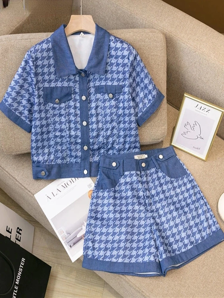 New Retro Houndstooth Denim 2 Piece Set Women Summer Short Coat Crop Top + Shorts Sets Fashion Casual Pants Suits Tracksuit
New Retro Houndstooth Denim 2 Piece Set Women Summer Short Coat Crop Top + Shorts Sets Fashion Casual Pants Suits Tracksuit