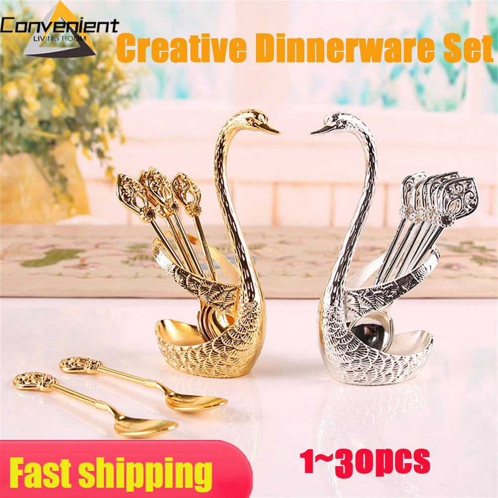 

1~7PCS Stainless Steel Creative Dinnerware Set Decorative Swan Base Holder with 6 Spoon for Coffee Fruit Dessert Stirring Mixing