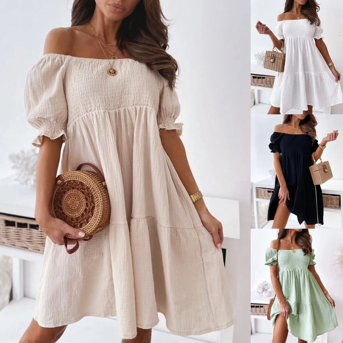 Sexy Slash Neck Dress Women Summer Pleated Puff Sleeve Backless Party Beach Dresses Ladies Elegant Solid Knee-Length Dress Robe
Sexy Slash Neck Dress Women Summer Pleated Puff Sleeve Backless Party Beach Dresses Ladies Elegant Solid Knee-Length Dress Robe