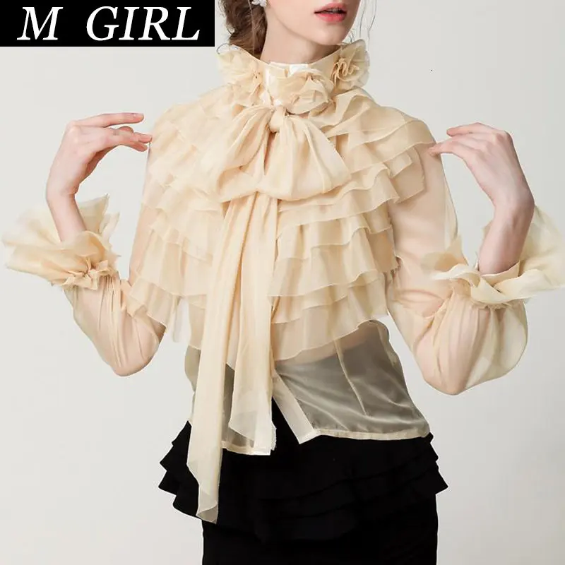 

M GIRLS Perspective Tops Female Bowknot Flare Long Sleeve Ruffle Shirt Blouse Women Korean Fashion Clothes 2020 Spring