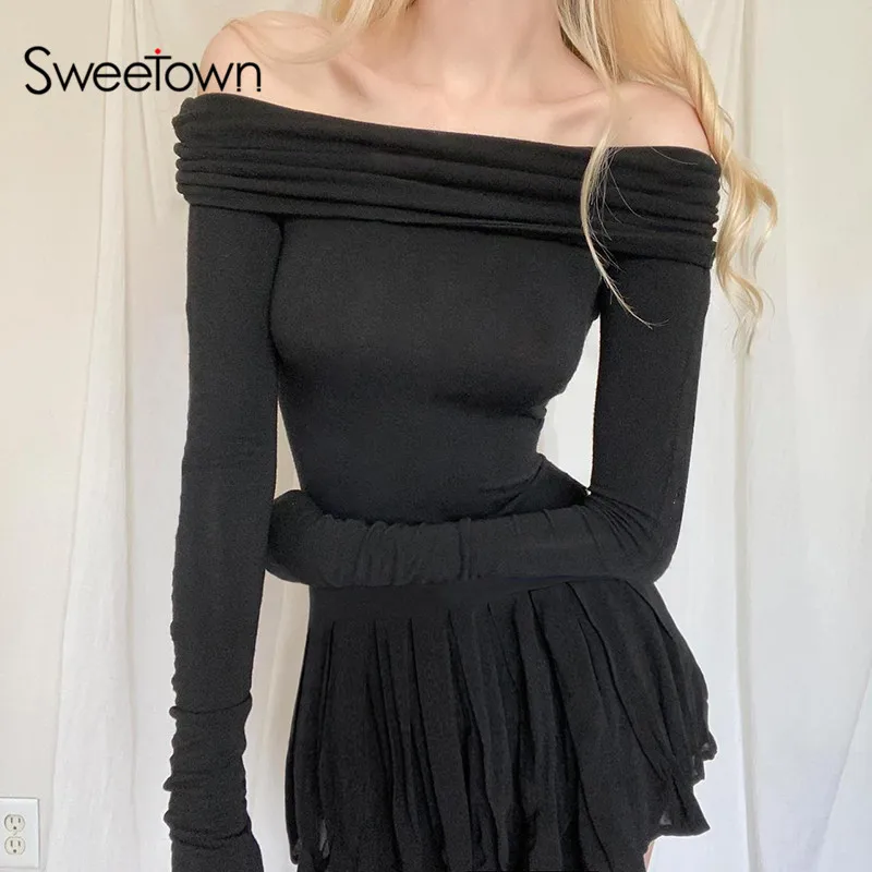 

Sweetown Elegant Fashion Black Slash Neck Long Sleeve Pleated Dresses Women Korean Style Ballet Style Fit And Flare A Line Dress