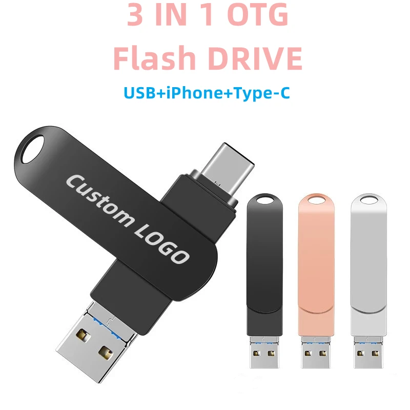 

Бесплатный Пользовательский логотип 3 в 1 вращающийся металлический OTG флэш-накопитель iPhone + Type-C + компьютер USB3.0 интерфейс 64 Гб 128 Гб карта пам...