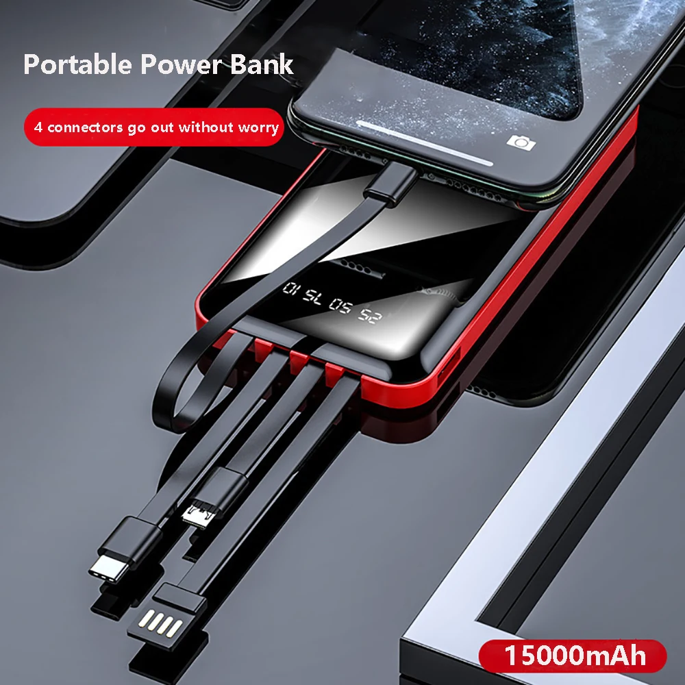 15000mAh Portable Charger Power bank Built in 4 Cable External Battery Pack Power Bank For Mobile Phone with Digital Display
15000mAh Portable Charger Power bank Built in 4 Cable External Battery Pack Power Bank For Mobile Phone with Digital Display