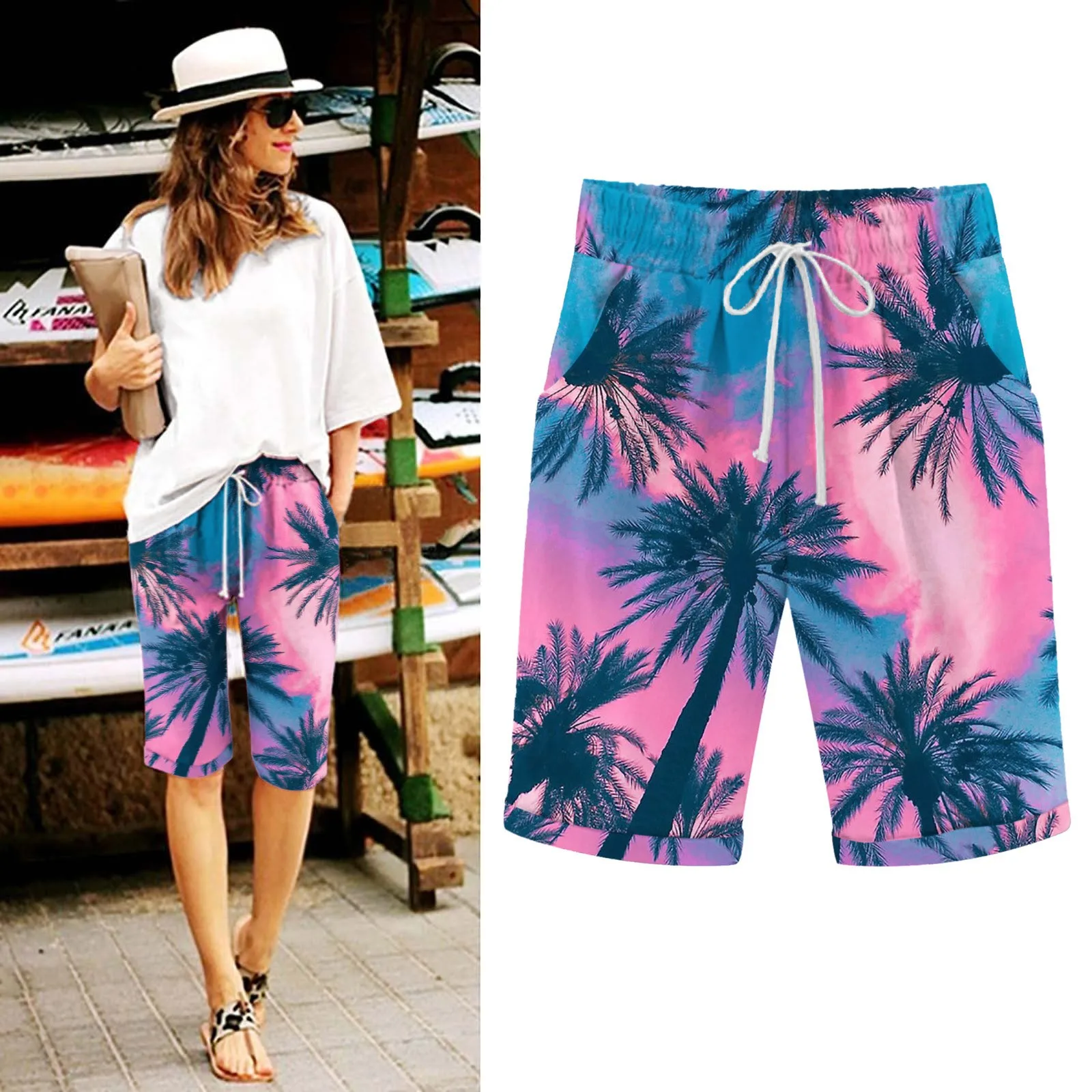 

Hawaiian Leaf Print Trunks Fashion Beach Shorts Elastic Pants Lace Up Shorts For Women Beachwear Vacation Pantalones Cortos New