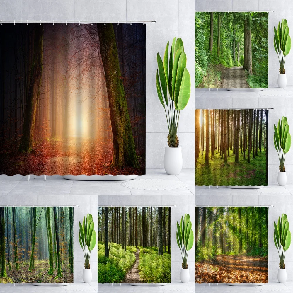 

Natural Scenery Forest Shower Curtain Bathroom Decor Green Trees Sunshine Scenic Landscape Bath Curtains Home Fabric Tub Screen