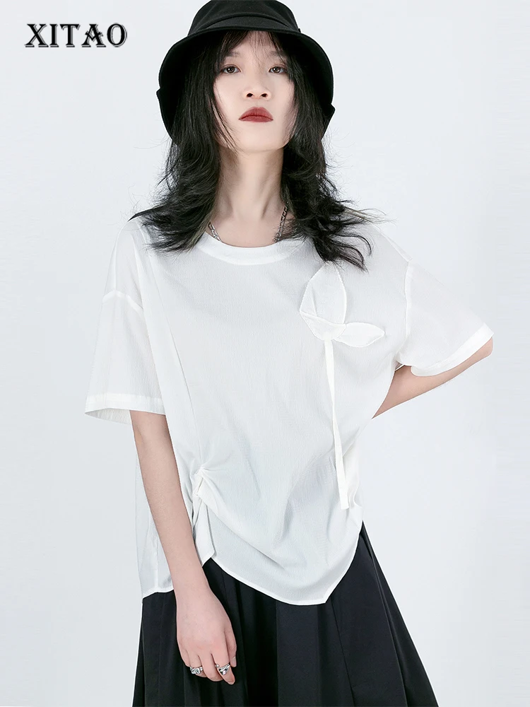 

XITAO Irregular Casual T-shirt Loose Folds Bow Splicing Women Top Summer New Simplicity All-match Women's Clothing HQQ0266