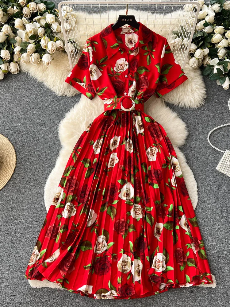 Summer Women Floral Pleated Chiffon Dress Vintage Turn-Down Collar Short Sleeve Single Breasted Printed Draped Midi Vestidos New
Summer Women Floral Pleated Chiffon Dress Vintage Turn-Down Collar Short Sleeve Single Breasted Printed Draped Midi Vestidos New
