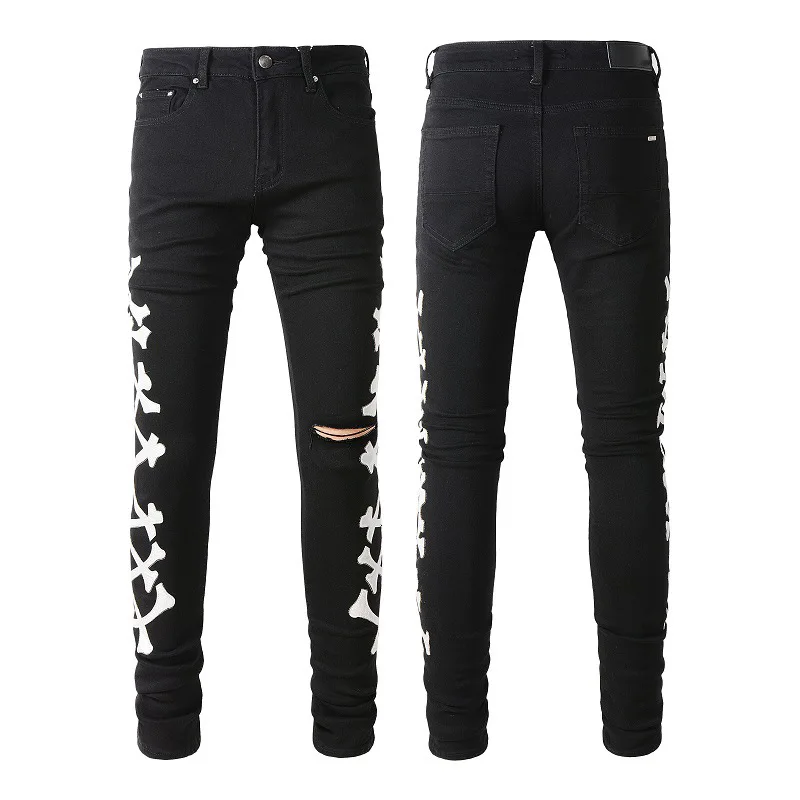 

Mens High Street Fashion Black Ripped Skinny Damaged Hole Side Embroidered Stretch Distressed Destroyed Slim Fit Boyfriend Jeans