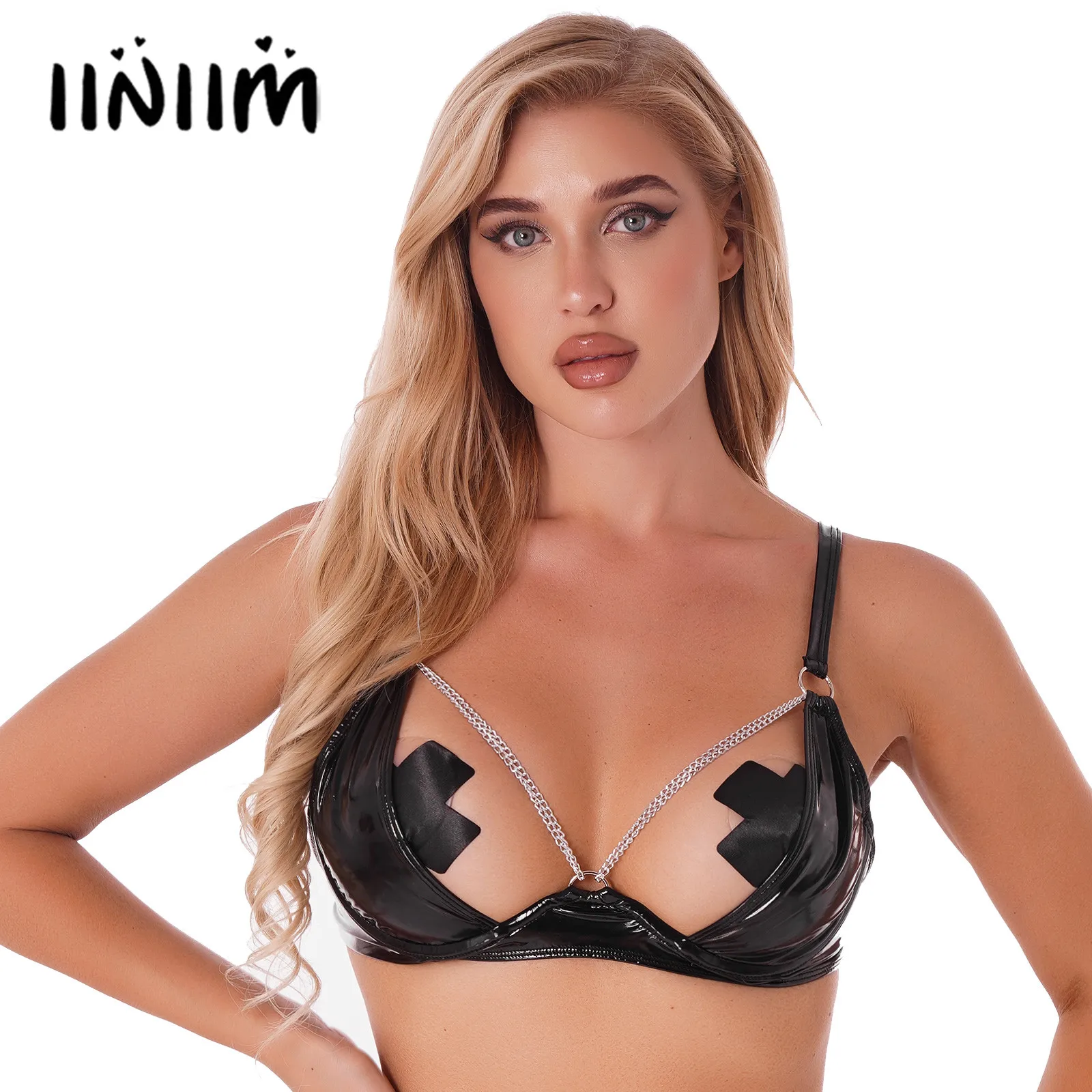 Womens Metal Chain Brassiere Lingerie Underwear Wetlook Patent Leather Underwired Bra Top Adjustable Straps Erotic Hot Bra
Womens Metal Chain Brassiere Lingerie Underwear Wetlook Patent Leather Underwired Bra Top Adjustable Straps Erotic Hot Bra