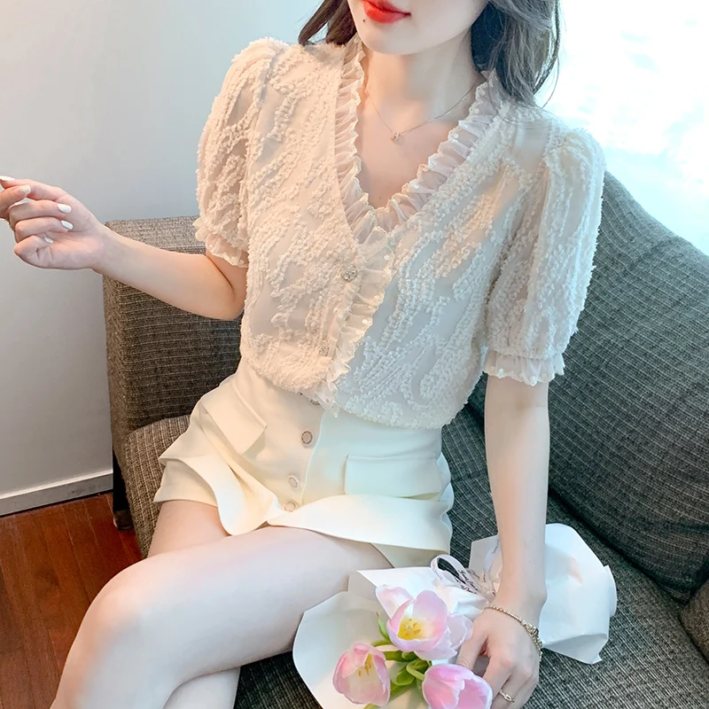 Slim Fit Women's Blouse White Chiffon Shirt Summer Elegant Korean Style Top Female Fashion Short Puff Sleeve Casual Clothing
Slim Fit Women's Blouse White Chiffon Shirt Summer Elegant Korean Style Top Female Fashion Short Puff Sleeve Casual Clothing
