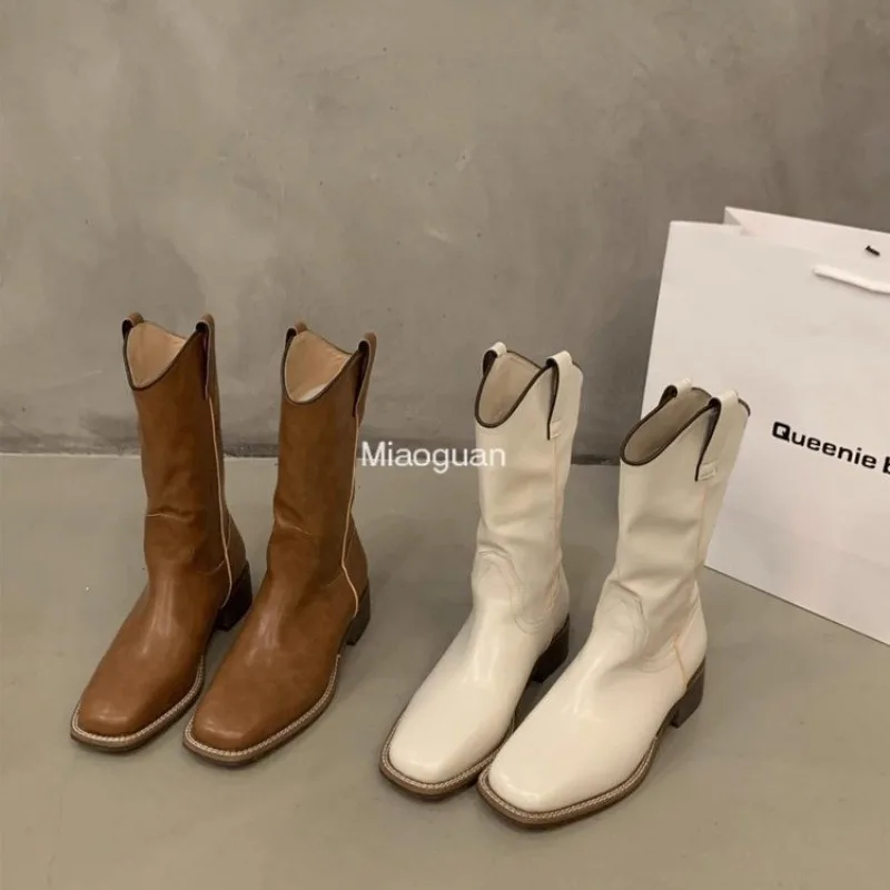 

Thick Heel Retro Brown V-Neck Slim Cowboy Boot Women's Boots 2023 New Designer Autumn Square Head Mid Barrel Knight Boots Casual