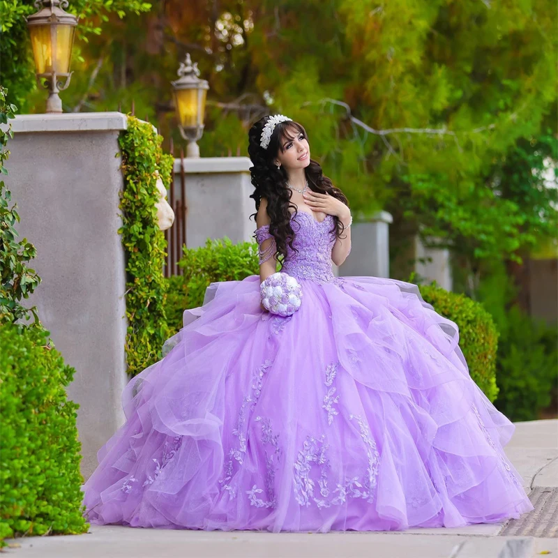 

Lavender 3D Flower Sweetheart Quinceanera Dresses Appliqué Beading Lace Cinderella Princess Ball Gowns Vestidos De 15 Anos
