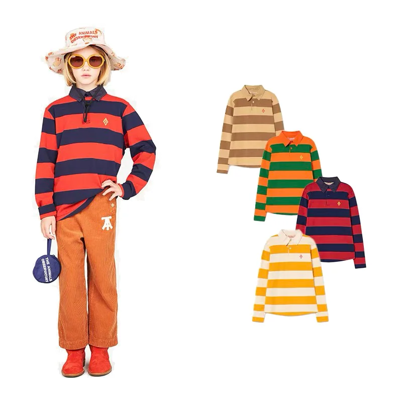 Детская Хлопковая футболка в полоску, с отложным воротником и длинным рукавом 
Детская Хлопковая футболка в полоску, с отложным воротником и длинным рукавом