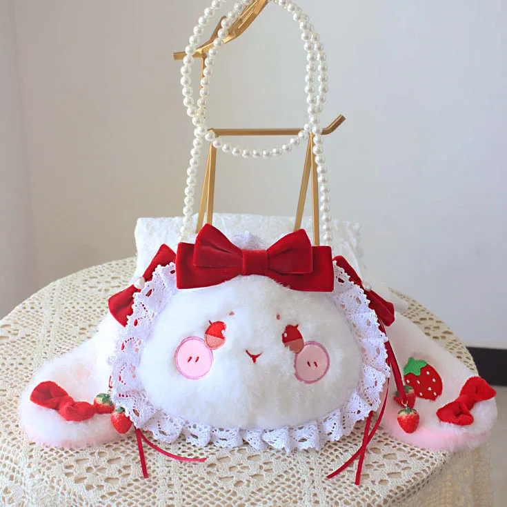 Sweet Lolita Girl Kawaii Strawberry Rabbit Pearl Chain Shoulder Bag Janpanese Lop-eared rabbit Lace Plush Doll phone bag
Sweet Lolita Girl Kawaii Strawberry Rabbit Pearl Chain Shoulder Bag Janpanese Lop-eared rabbit Lace Plush Doll phone bag