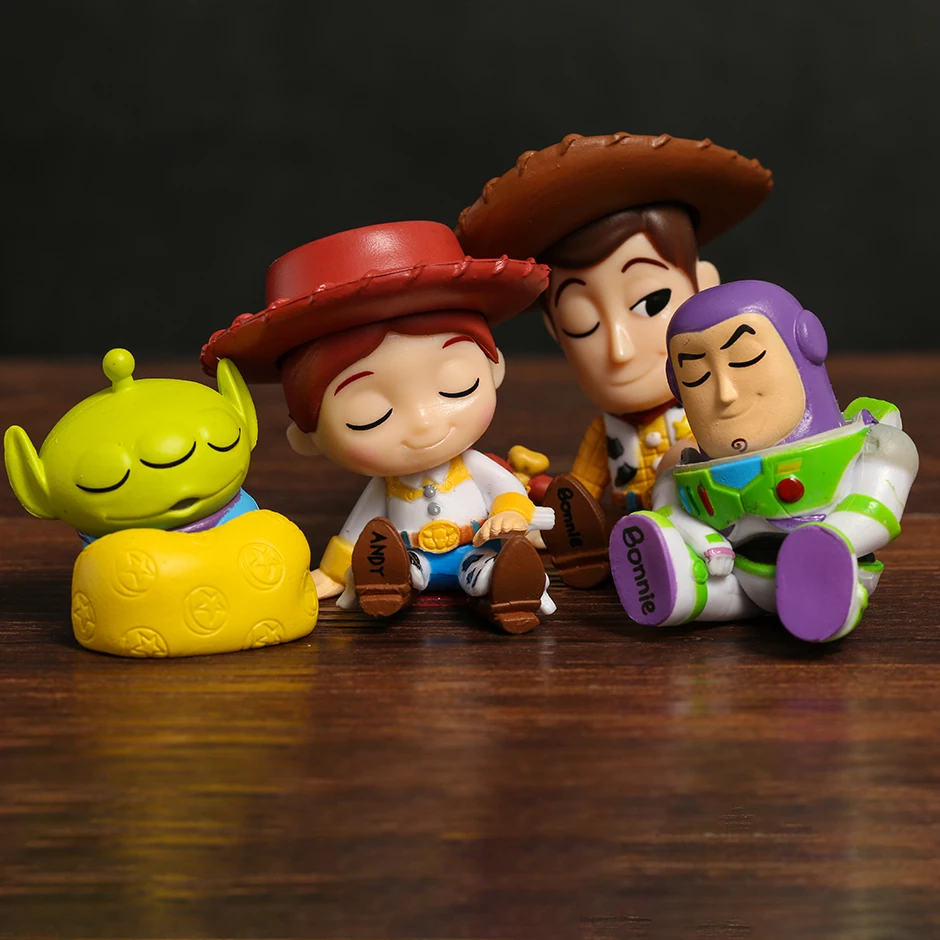 

Toy Story Sleeping Woody Buzz Lightyear Jessie Alien Cartoon Kawaii Q Version Dolls Figures Toys 4pcs/set 4cm