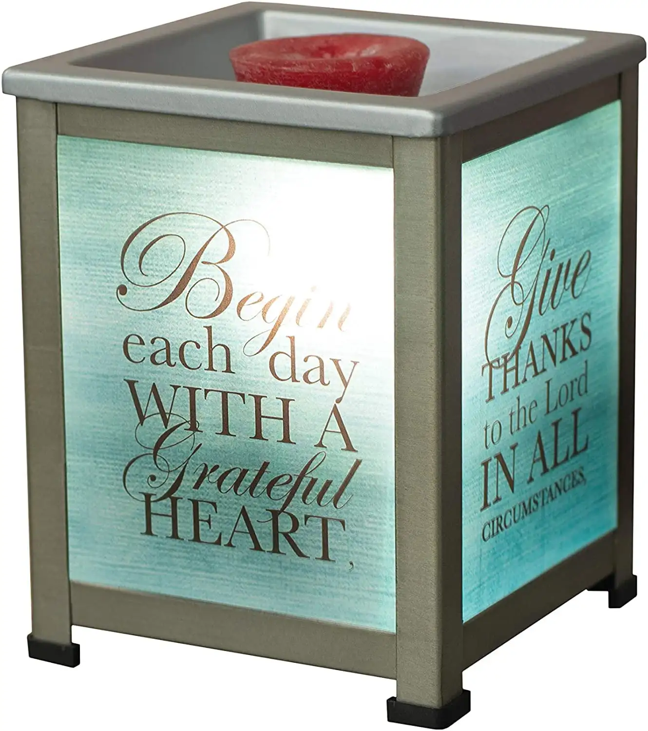 Begin Day with Grateful Heart Teal Silvertone Metal Electrical Wax Tart & Oil Glass Lantern Warmer
Begin Day with Grateful Heart Teal Silvertone Metal Electrical Wax Tart & Oil Glass Lantern Warmer