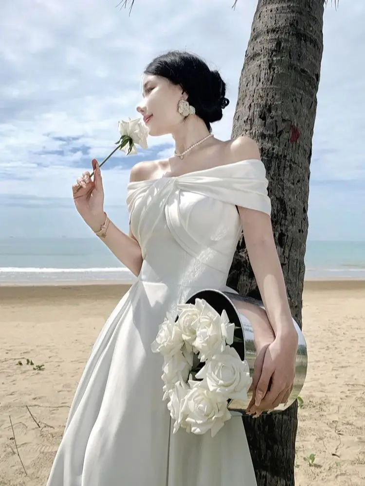 

Женское элегантное белое платье, летнее модное платье с открытыми плечами, Шикарное облегающее вечернее свадебное Вечерние, цельная одежда для выпускного вечера 2023