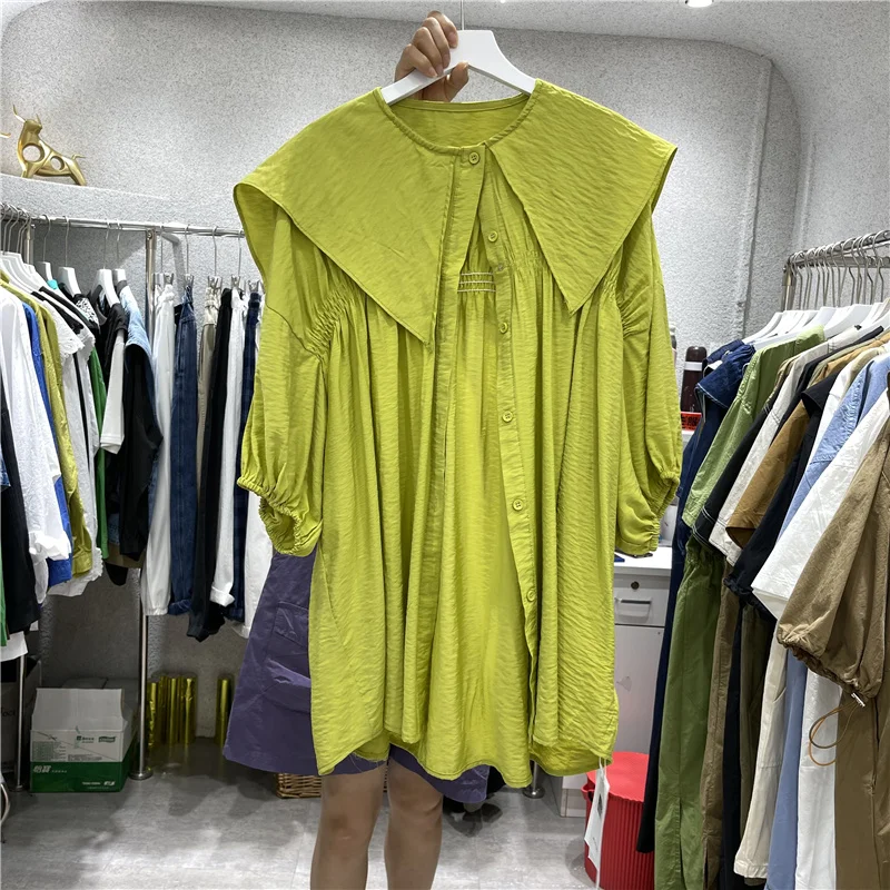 SuperAen 2022 Summer Pleated Peter Pan Collar Long Shirts Female Loose Casual Half Sleeve Solid All Match Women Tops
SuperAen 2022 Summer Pleated Peter Pan Collar Long Shirts Female Loose Casual Half Sleeve Solid All Match Women Tops