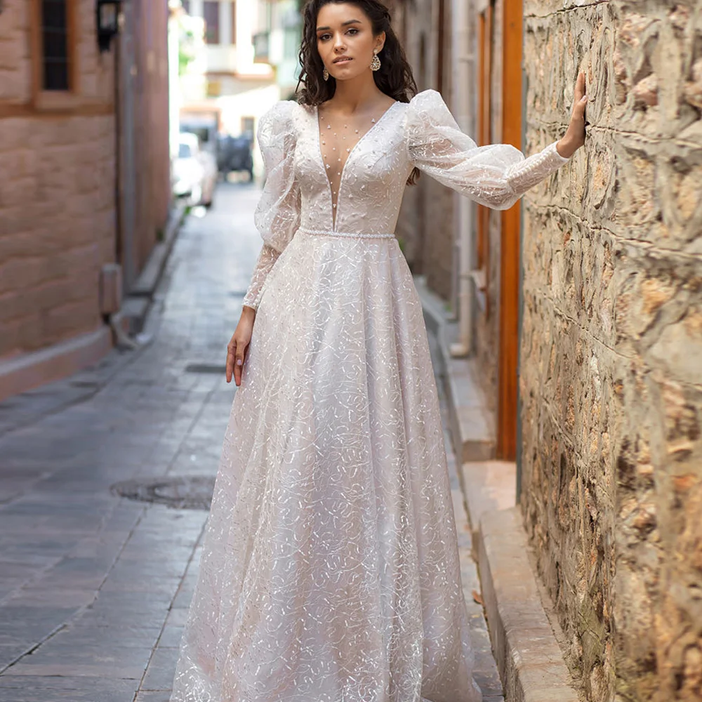 A-Line Wedding Dress For Bride 2022 V-Neck Long Puff Sleeves Lace-up Bridal Gowns Boho Pearls Lace Свадебное платье Custom Made
A-Line Wedding Dress For Bride 2022 V-Neck Long Puff Sleeves Lace-up Bridal Gowns Boho Pearls Lace Свадебное платье Custom Made