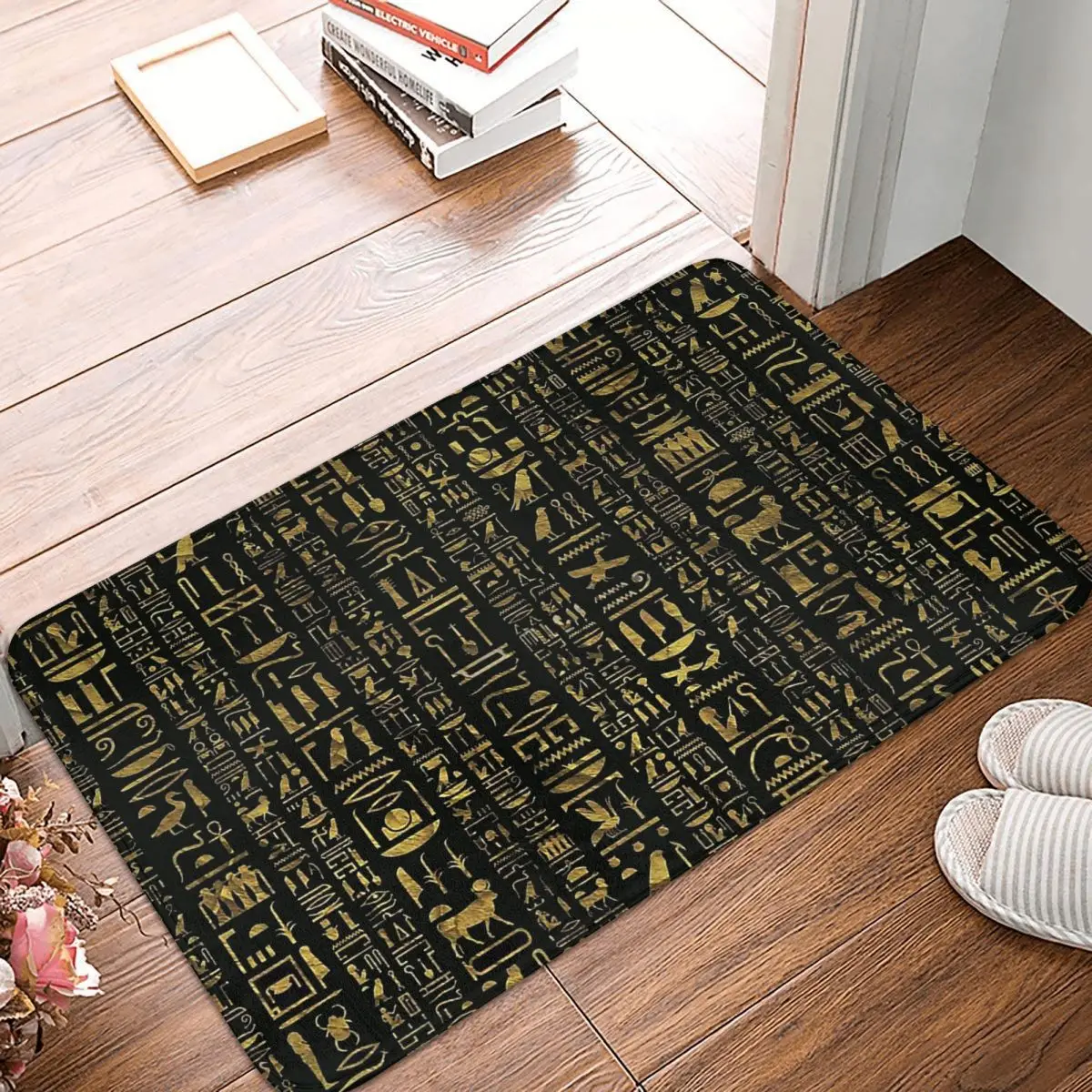 

Ancient Egypt Egyptian Bath Mat Hieroglyphs Vintage Gold On Black Doormat Kitchen Carpet Entrance Door Rug Home Decor