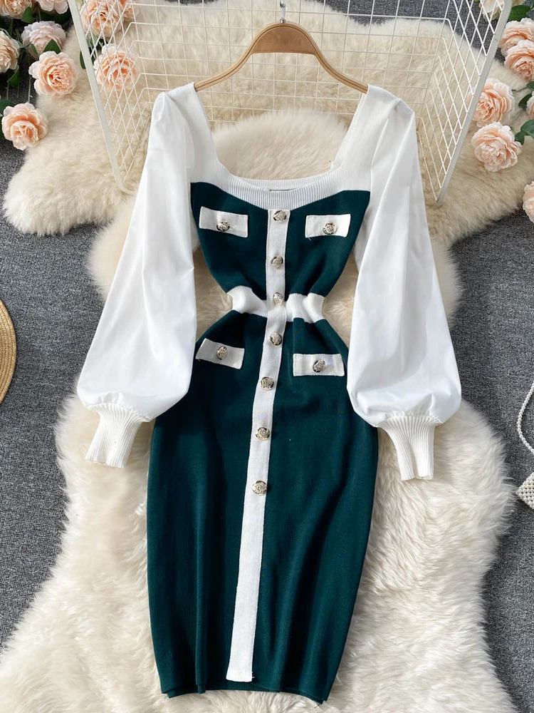 Hikigawa Chic Fashion Woman Dress Contrast Color Knitted Dresses For Women Slim Waist Bodycon Vintage Elegant Vestidos Mujer
Hikigawa Chic Fashion Woman Dress Contrast Color Knitted Dresses For Women Slim Waist Bodycon Vintage Elegant Vestidos Mujer