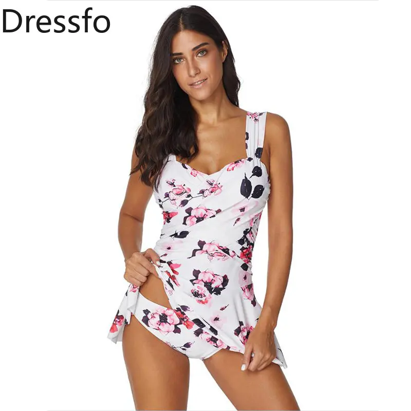 

Dressfo Modest Tankini Set Swimsuit Flower Leaf Print Padded Crossover Strap Low Waist Skirted Bathing Suit Swimwear 2023 Women