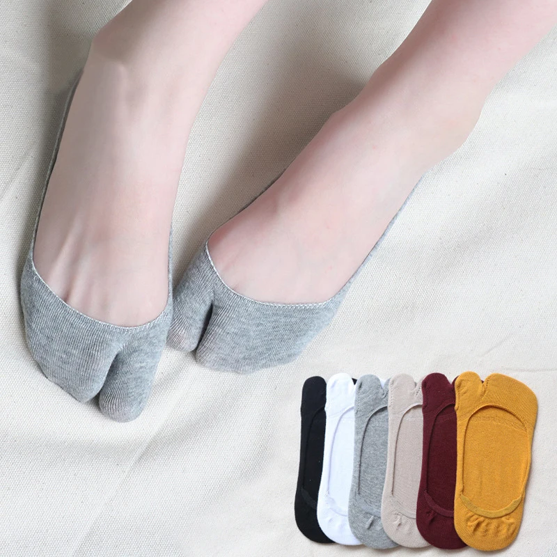 

Summer Women Combed Cotton Tabi Socks Solid Comfortable Breathable Two Toe Socks Non-slip Invisible Low Cut Boat Sock