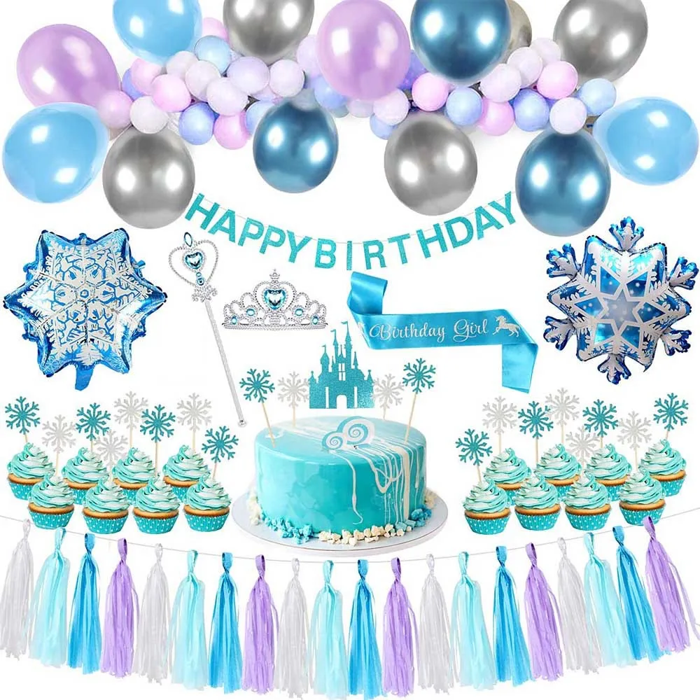 

SURSURPIRSE Snowflake Balloon Garland Arch Kit Princess Balloons Set Cake Toppers for Girl 1st 2nd 3rd Birthday Party Decoration