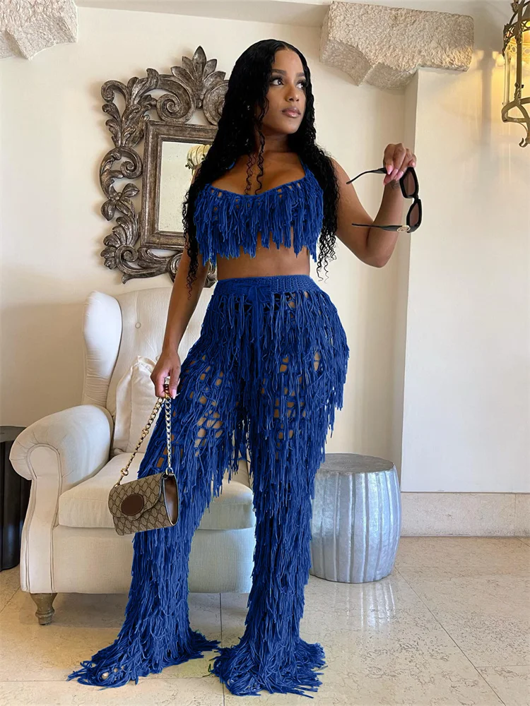 Уличная одежда, однотонная женская одежда из двух предметов, пляжная одежда без рукавов, укороченный топ и брюки, черное бикини с кисточками, вязаные подходящие костюмы 2023
Уличная одежда, однотонная женская одежда из двух предметов, пляжная одежда без рукавов, укороченный топ и брюки, черное бикини с кисточками, вязаные подходящие костюмы 2023