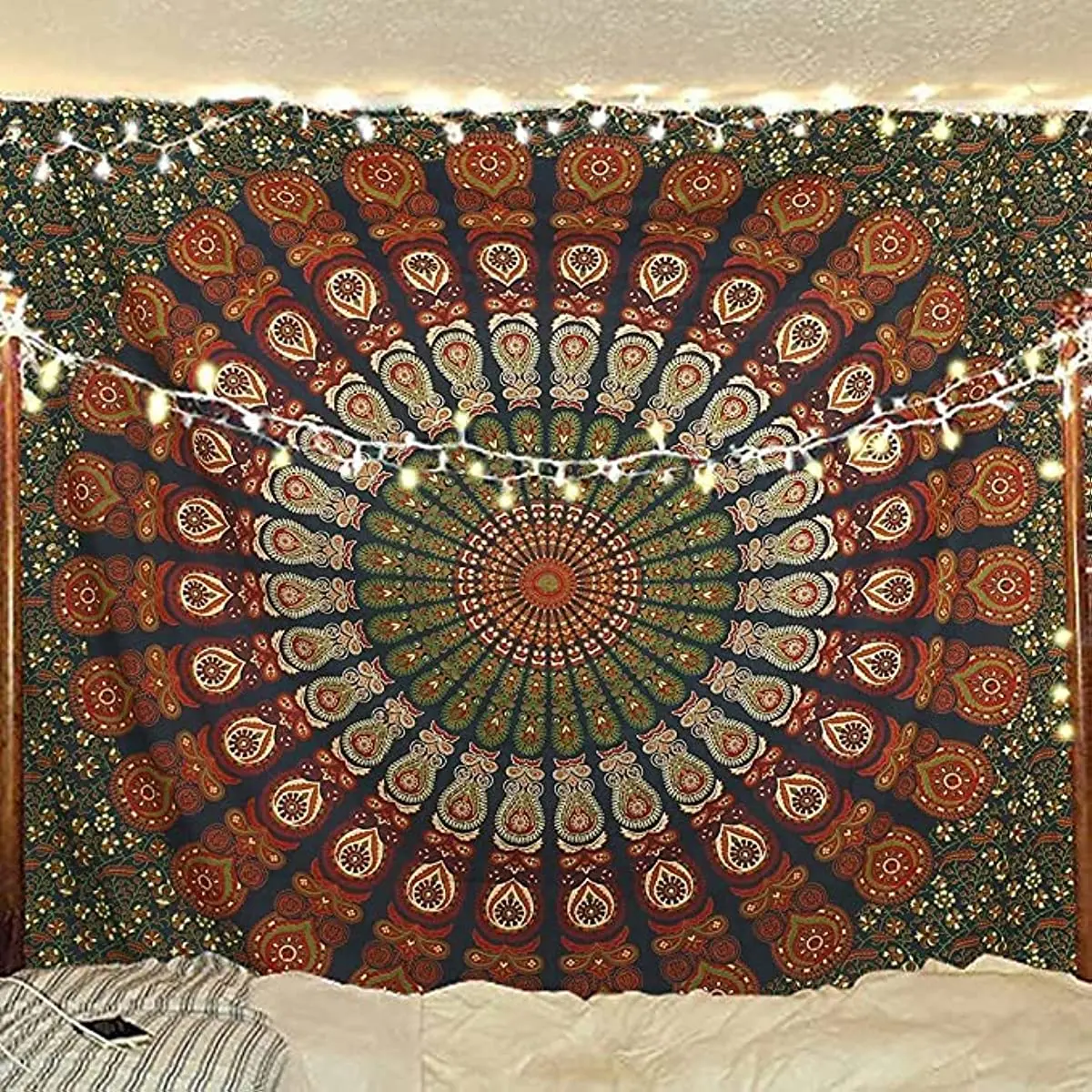 

Indian hippie Bohemian Psychedelic Golden Blue Peacock Mandala Wall hanging Bedding Tapestry