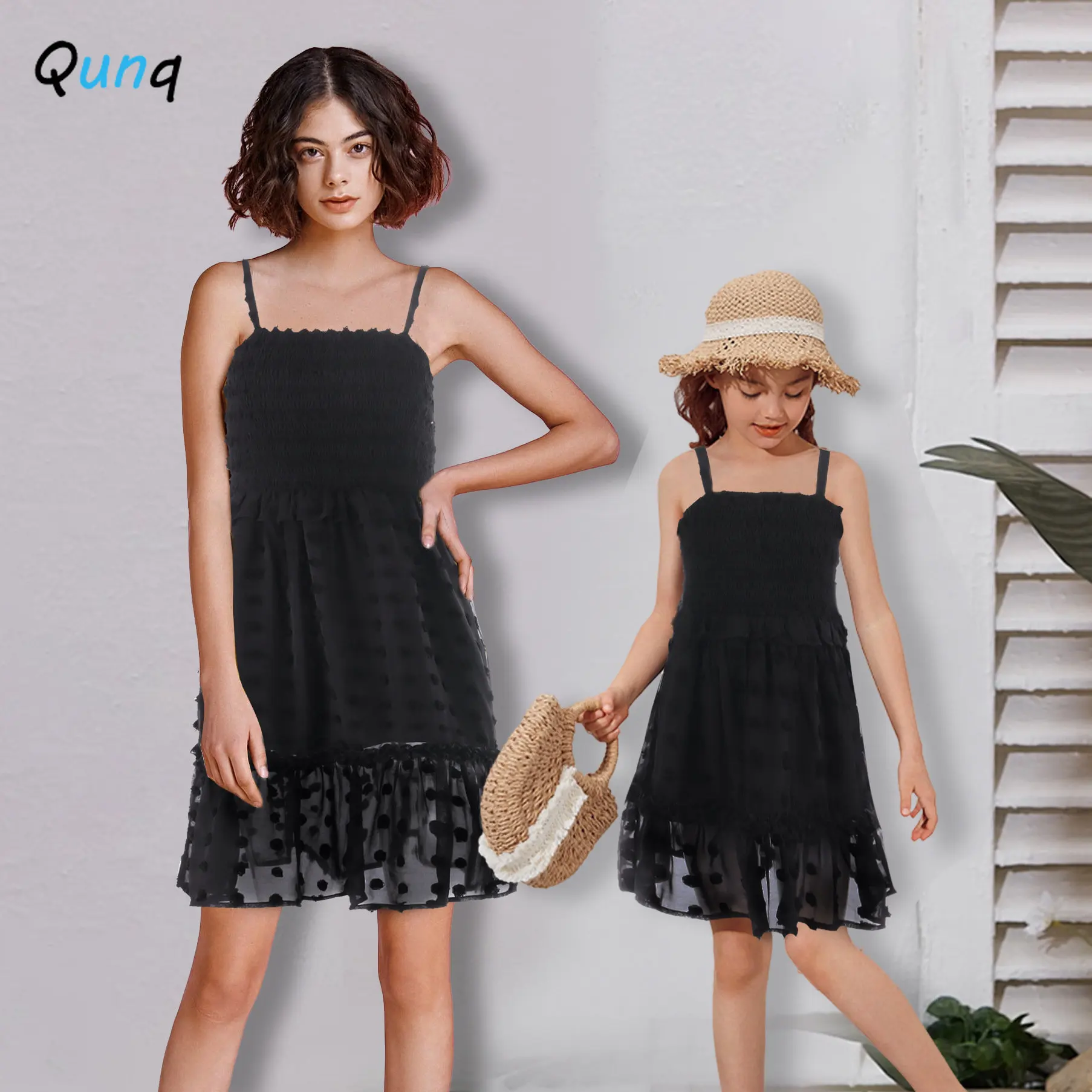 

Qunq Summer Parent-Child Outfit Solid Square Collar Sling Mesh Splicing Cute Casual Dress Mommy And Daughter Matching Clothes