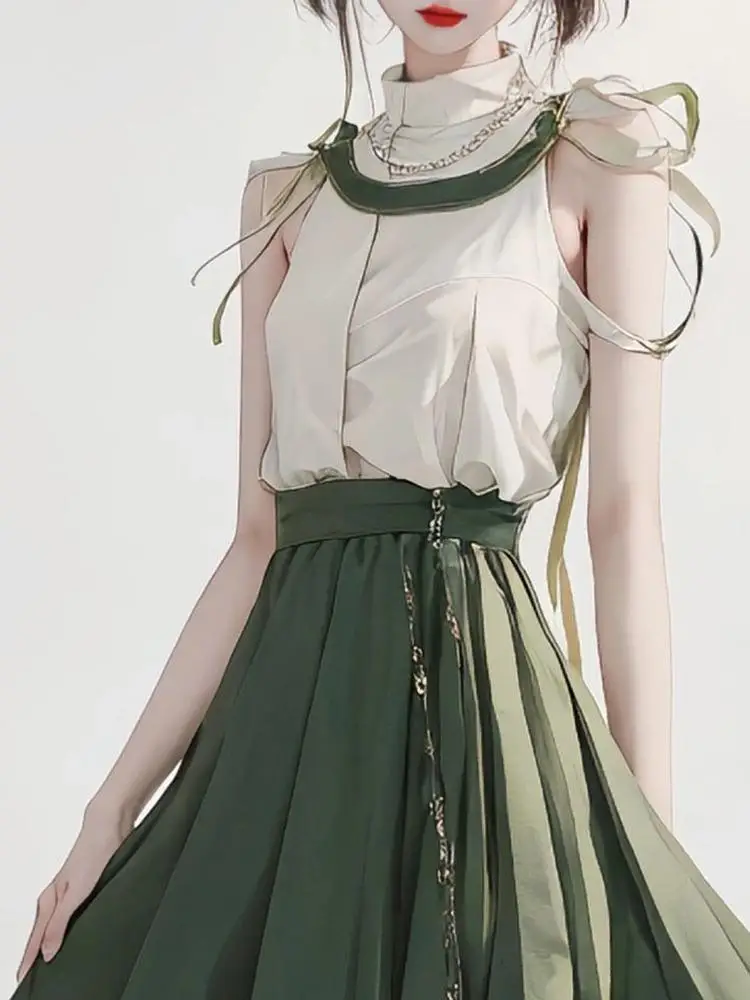 Summer set 2023 beautiful chic green shirt sleeveless bownot elegant sweet green pleated skirt two-piece women's suit
Summer set 2023 beautiful chic green shirt sleeveless bownot elegant sweet green pleated skirt two-piece women's suit