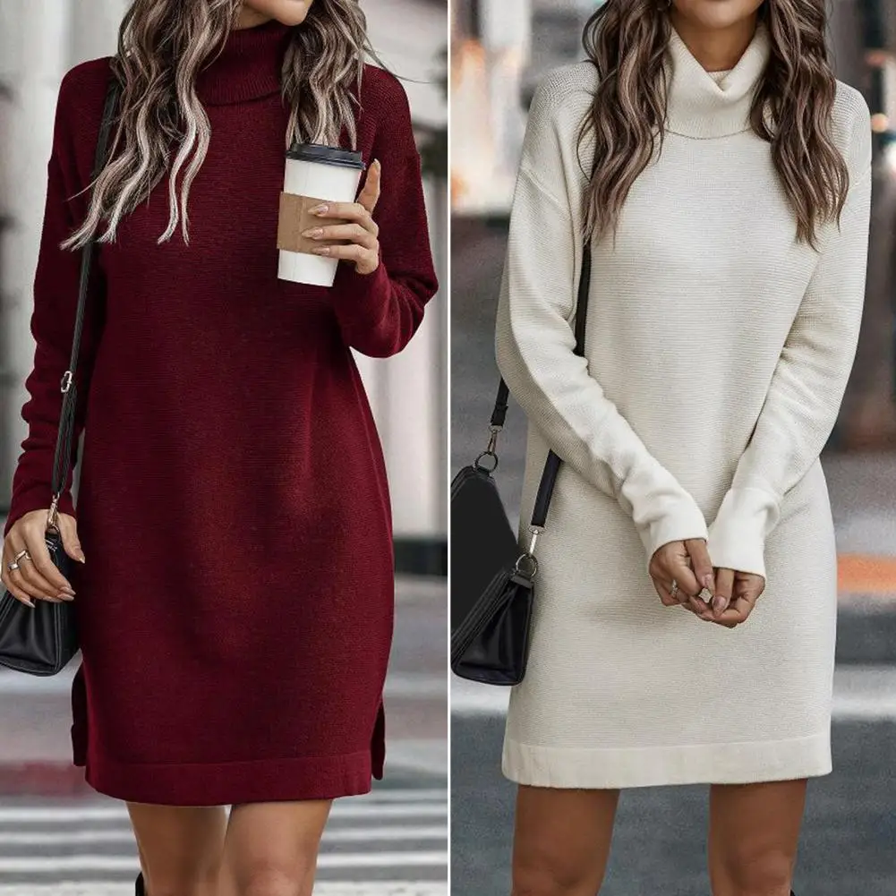 Женское трикотажное платье-свитер с высоким воротником и длинным рукавом
Женское трикотажное платье-свитер с высоким воротником и длинным рукавом