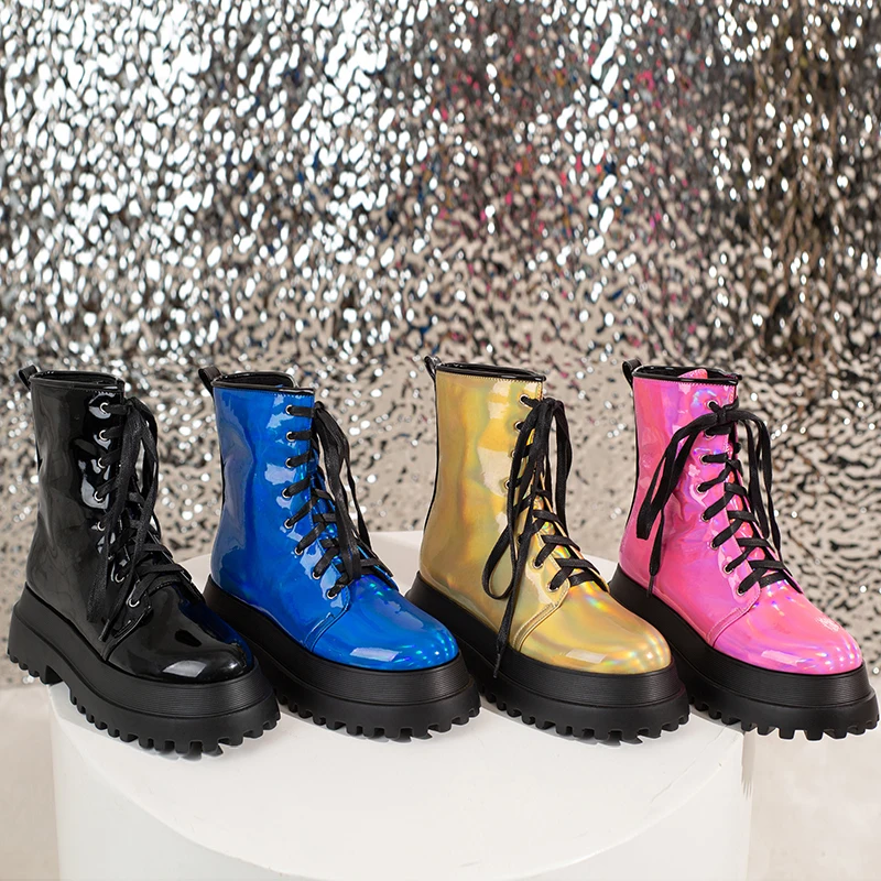 

Womens Combat Boots Metallic Patent Leather Platform Boots Lace Up Ankle Booties for Women