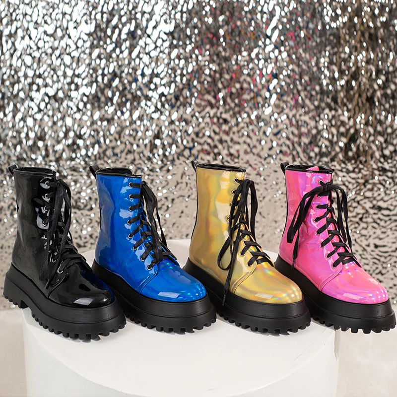 Womens Combat Boots Metallic Patent Leather Platform Boots Lace Up Ankle Booties for Women
Womens Combat Boots Metallic Patent Leather Platform Boots Lace Up Ankle Booties for Women