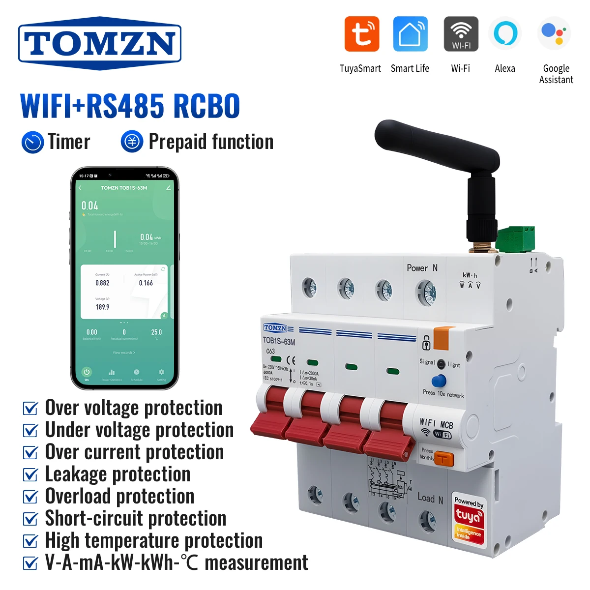 TOB1S-63M 4P 400V 63A TUYA Smartlife WIFI автоматический выключатель дистанционное управление защита от перенапряжения/пониженного напряжения и тока температура
TOB1S-63M 4P 400V 63A TUYA Smartlife WIFI автоматический выключатель дистанционное управление защита от перенапряжения/пониженного напряжения и тока температура