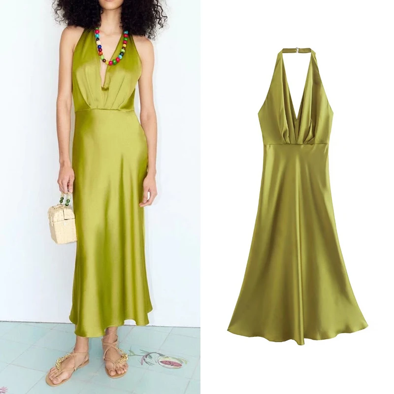 Summer 2022 Women Olive Green Temperament Halter Dress Sleeveless Sexy Backless Party Midi Dress Vestidos QJ8525
Summer 2022 Women Olive Green Temperament Halter Dress Sleeveless Sexy Backless Party Midi Dress Vestidos QJ8525