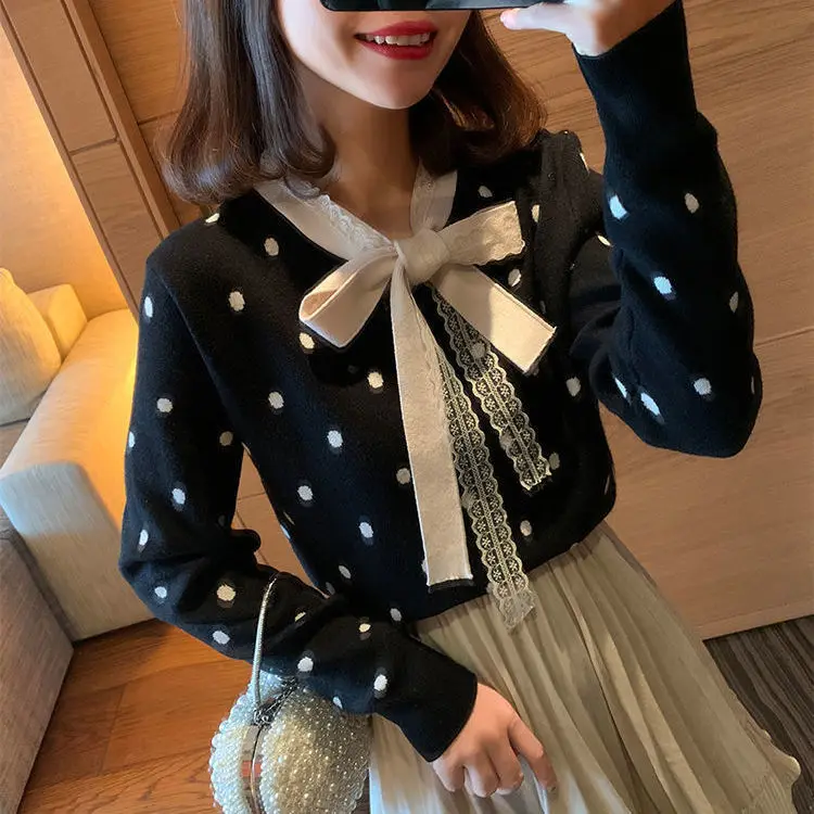 2022 Spring Autumn Long Sleeve Women Pullover Dot Knitwear Fashion Bow Top Knitted V-Neck Casual Sweater knitting Jumper N56
2022 Spring Autumn Long Sleeve Women Pullover Dot Knitwear Fashion Bow Top Knitted V-Neck Casual Sweater knitting Jumper N56