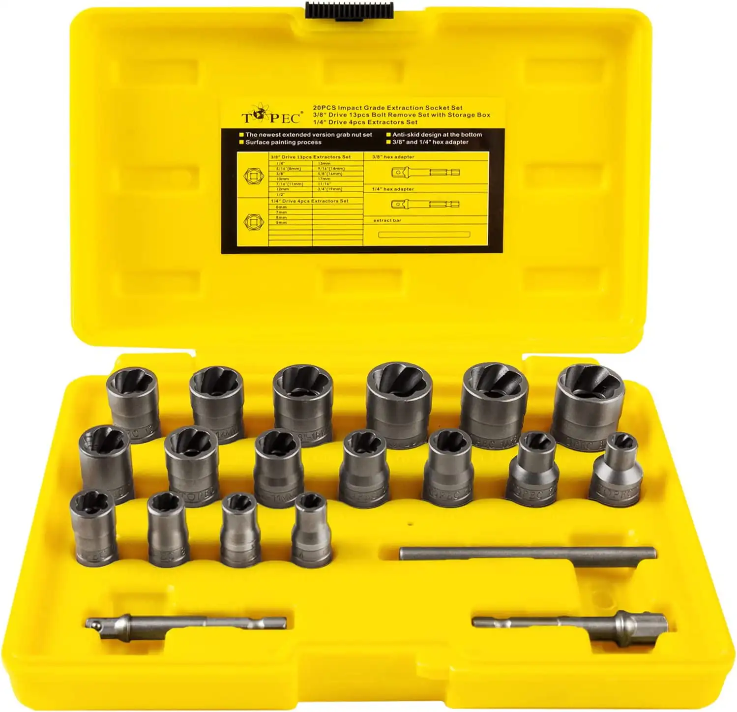 20Pcs Extended Version Bolt Extractor Set, Impact Bolt & Nut Remover Set Made by TOPEC EET8036
20Pcs Extended Version Bolt Extractor Set, Impact Bolt & Nut Remover Set Made by TOPEC EET8036
