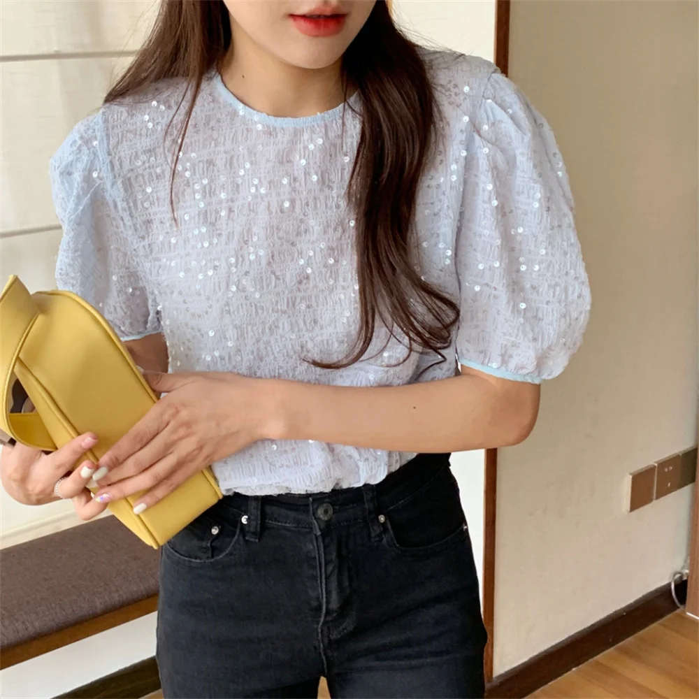 Elegant Women Blue Shirts Tops Sequins Hollow Out 2021 Office Lady Chic New OL All Match Sweet Summer Blouses Puff Sleeve Casual
Elegant Women Blue Shirts Tops Sequins Hollow Out 2021 Office Lady Chic New OL All Match Sweet Summer Blouses Puff Sleeve Casual