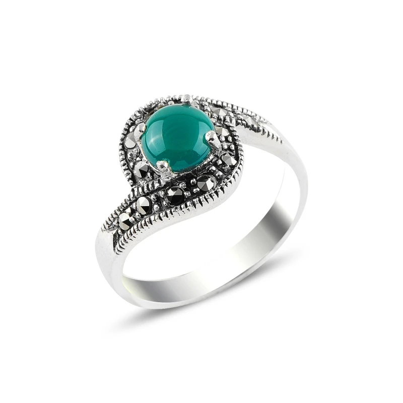 

Серебряное кольцо с зеленым агатом и марказитом