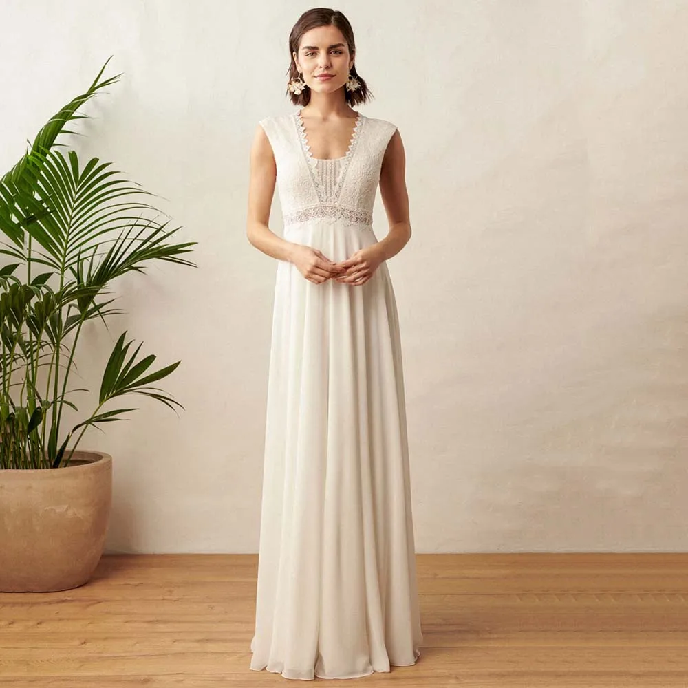Simple Chiffon V Neck Sleeveless Wedding Dresses Open Back Lace Corset Floor-Length A Line Formal Bridal Gowns Abiti Da Sposa 
Simple Chiffon V Neck Sleeveless Wedding Dresses Open Back Lace Corset Floor-Length A Line Formal Bridal Gowns Abiti Da Sposa