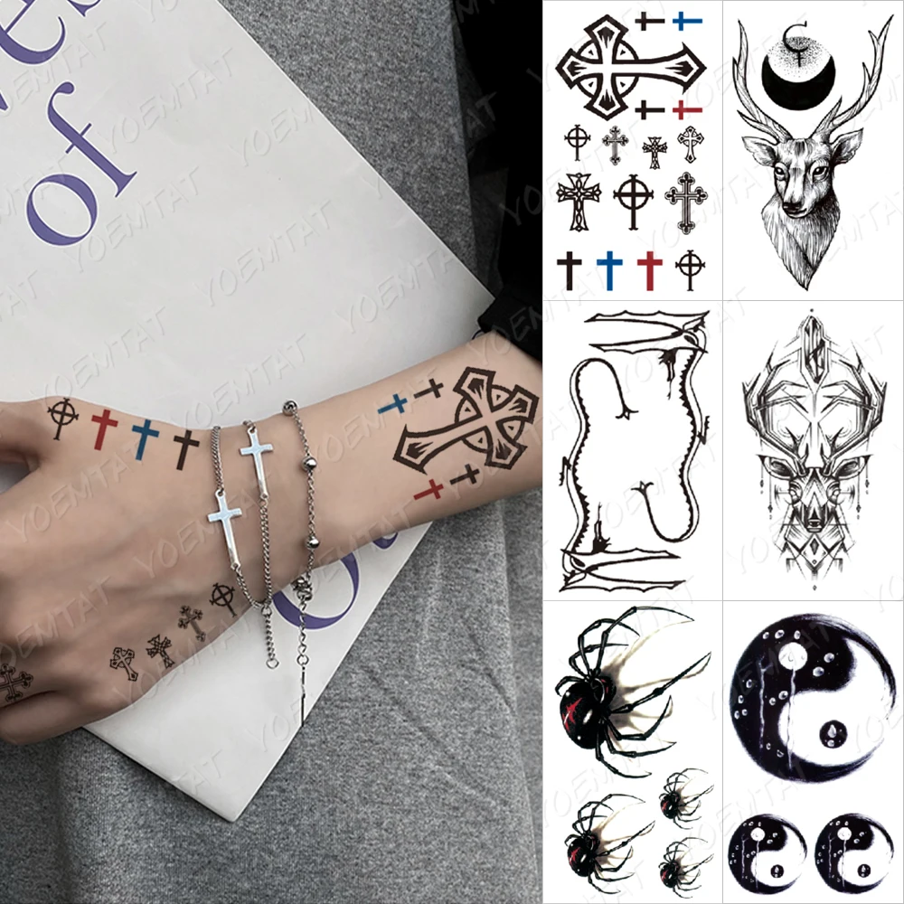 Водостойкие Временные татуировки-наклейки крест паук рога луна старый школьный