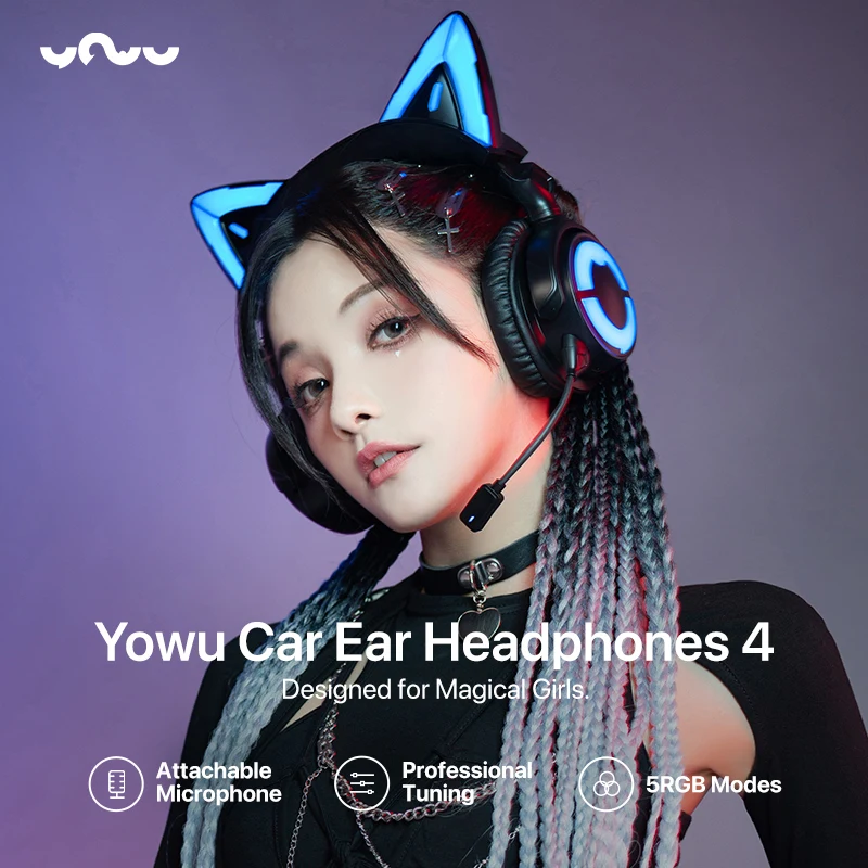 

NEW YOWU 4 Cute cat ear Wireless bluetooth Headphones RGB 50MM Dynamic coil Custom HD Mic Professional Girl Gaming Headsets